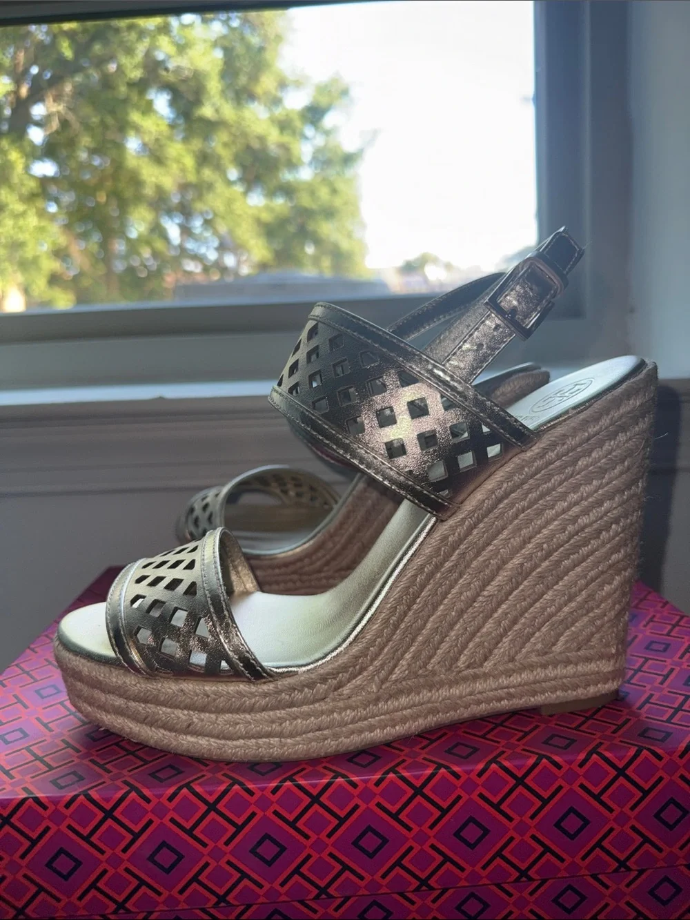 Tory Burch Metallic Gold Espadrilles Wedge Sandals